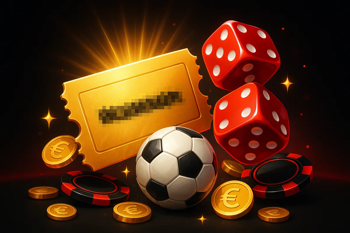 Gouden couponticket met een geblurde bonuscode naast twee rode dobbelstenen en een voetbal, met euromunten en zwarte fiches met rode rand op een zwart-rode achtergrond