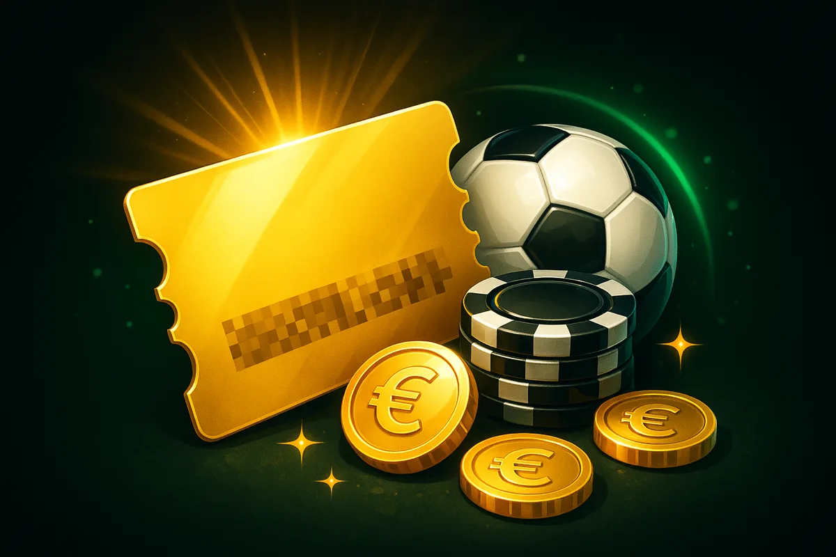 Gouden couponticket met een geblurde bonuscode naast zwarte fiches met witte rand en een voetbal, met euromunten op een zwarte achtergrond met groene gloed