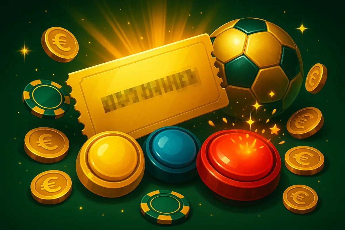 Gouden couponticket met een geblurde bonuscode, drie glanzende knoppen in geel, blauw en rood en een voetbal, met euromunten en groene fiches op een donkergroene achtergrond