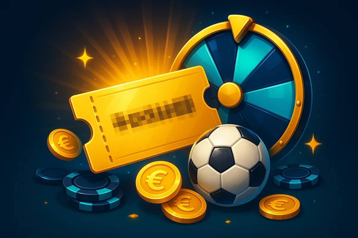 Gouden couponticket met een geblurde bonuscode naast een prijzenrad in donkerblauw en turquoise en een voetbal, met euromunten en donkerblauwe fiches op een donkerblauwe achtergrond
