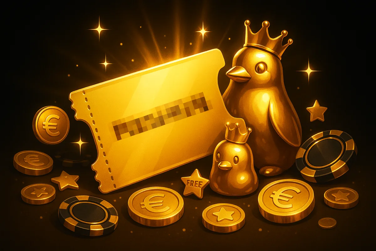 Gouden couponticket met een geblurde bonuscode naast een gouden pinguïn met kroon, met euromunten en zwart-gouden fiches op een donkere achtergrond