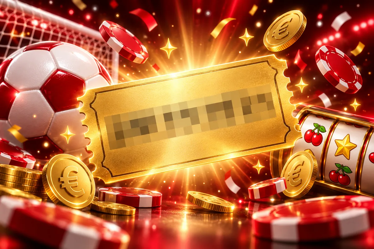 Gouden couponticket met geblurde code tussen een rood-witte voetbal, een doelnet, casinofiches, een gokkastvenster en euromunten op een donkerrode achtergrond