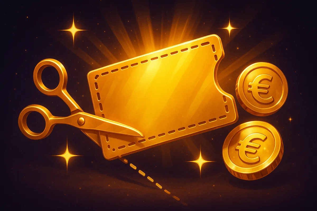 Gouden couponbon met perforatierand en een schaar langs de stippellijn, met euromunten op een donkerpaarse achtergrond