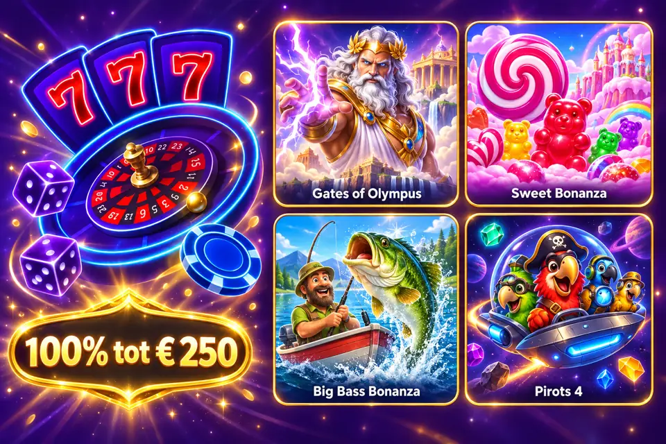 De Casino777 welkomstbonus van 100% tot € 250 naast vier populaire gokkasten: Gates of Olympus, Sweet Bonanza, Big Bass Bonanza en Pirots 4
