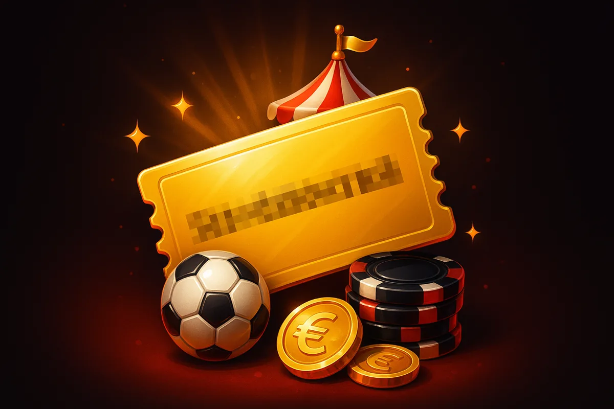 Gouden couponticket met een geblurde bonuscode voor een rood-wit gestreept circustentdak, met een voetbal, zwarte fiches met rode rand en euromunten op een donkere achtergrond