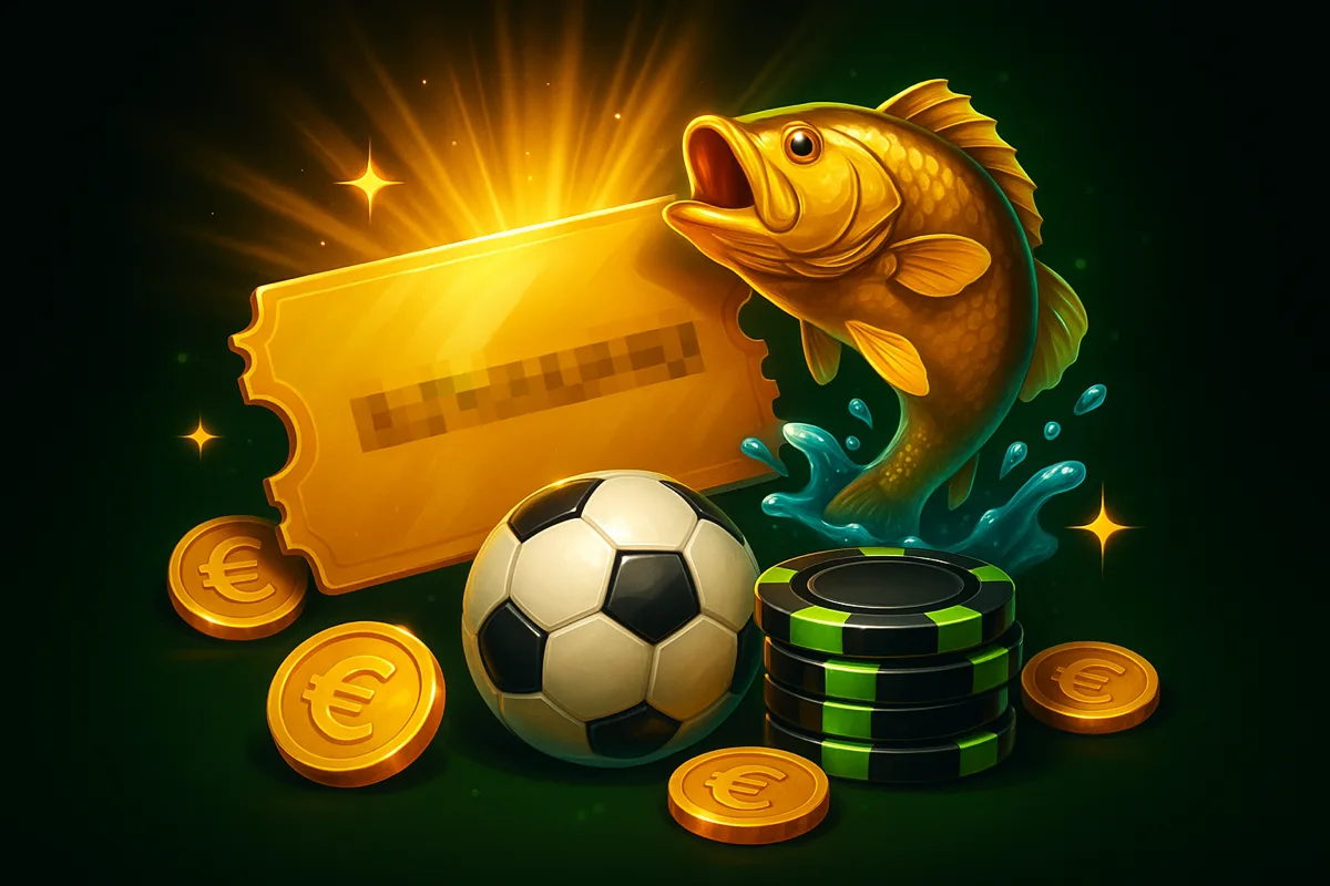 Gouden couponticket met een geblurde bonuscode naast een springende gouden baars, een voetbal en zwarte fiches met neongroene rand, met euromunten op een zwart-groene achtergrond