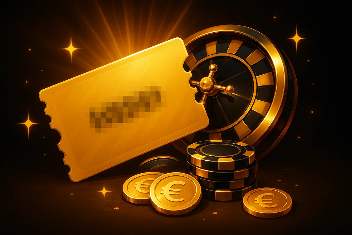 Gouden couponticket met een geblurde bonuscode voor een gouden roulettewiel, met zwarte fiches met gouden rand en euromunten op een zwart-gouden achtergrond