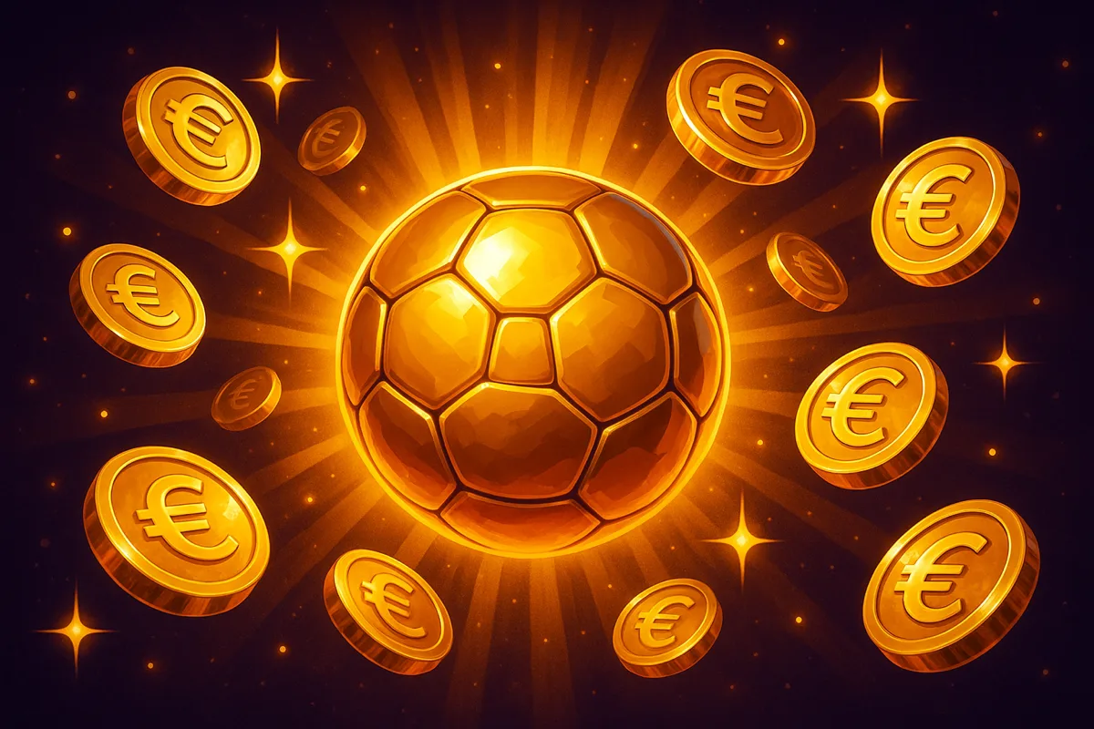 Gouden voetbal omringd door euromunten en sterren op een donkerpaarse achtergrond