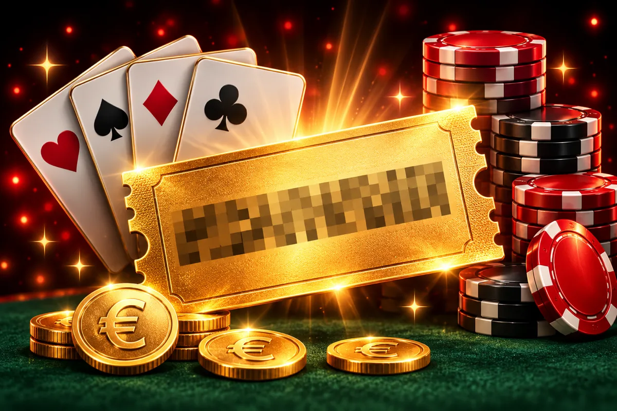 Gouden couponticket met geblurde code tussen speelkaarten en rode en zwarte pokerfiches op groen vilt, met euromunten en een rode gloed