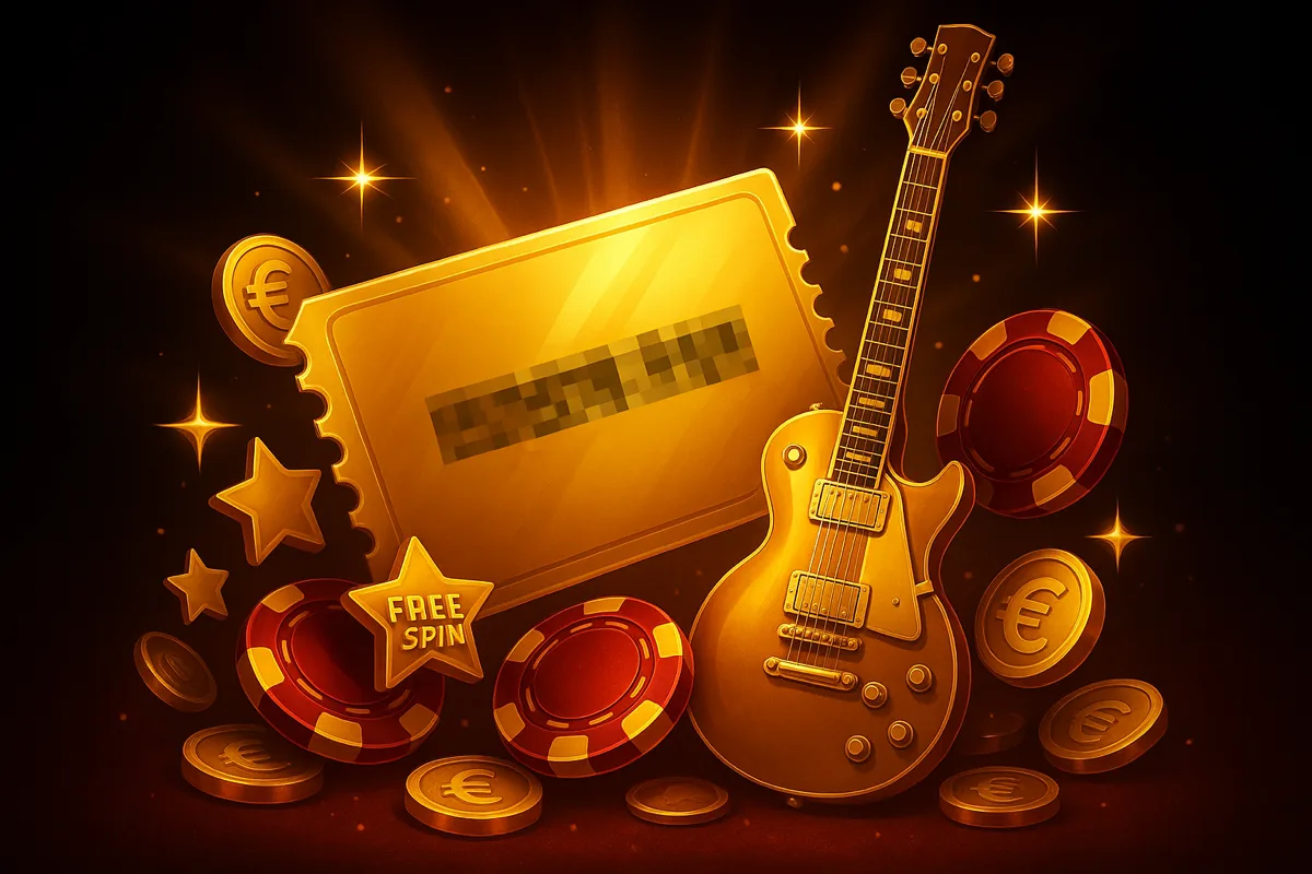 Gouden couponticket met een geblurde bonuscode naast een gouden elektrische gitaar, met euromunten en rode fiches op een donkere achtergrond