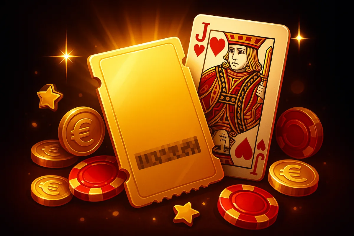Gouden couponticket met een geblurde bonuscode naast een rode hartenboer-speelkaart, met euromunten en rood-gouden fiches op een donkere achtergrond