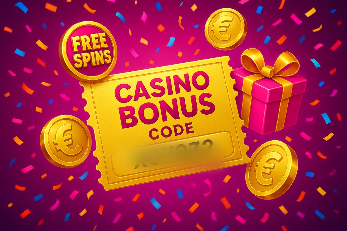 Gouden couponticket met casino bonus code en een geblurde code, in roze en goud met munten, cadeau en confetti