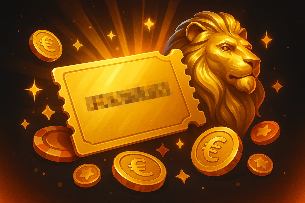 Gouden couponticket met een geblurde bonuscode naast een gouden leeuwenkop, met euromunten en oranje fiches op een donkere achtergrond