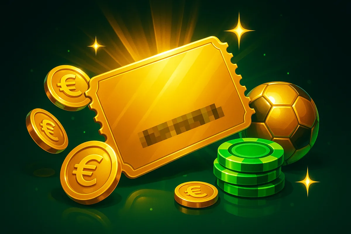 Gouden couponticket met een geblurde bonuscode, euromunten, groene casinofiches en een gouden voetbal op een donkergroene achtergrond
