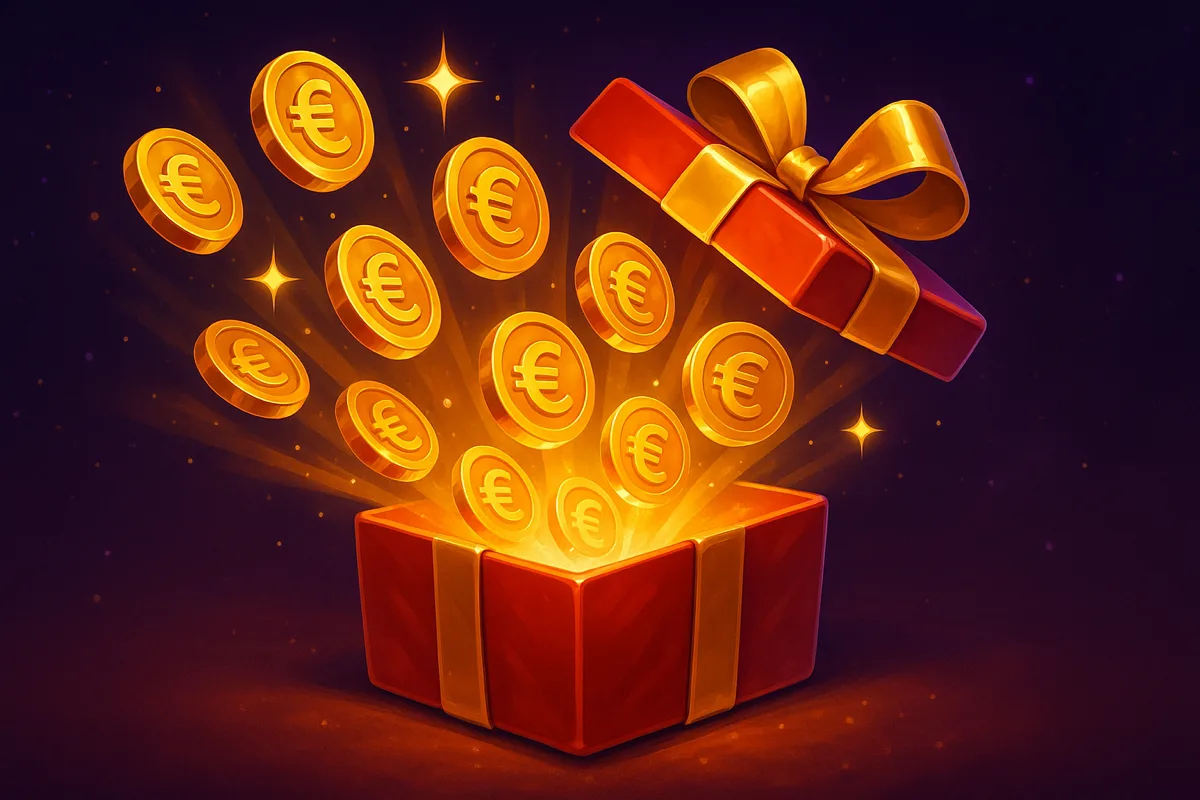 Openspringend rood cadeau met gouden euromunten en sterren op een donkerpaarse achtergrond