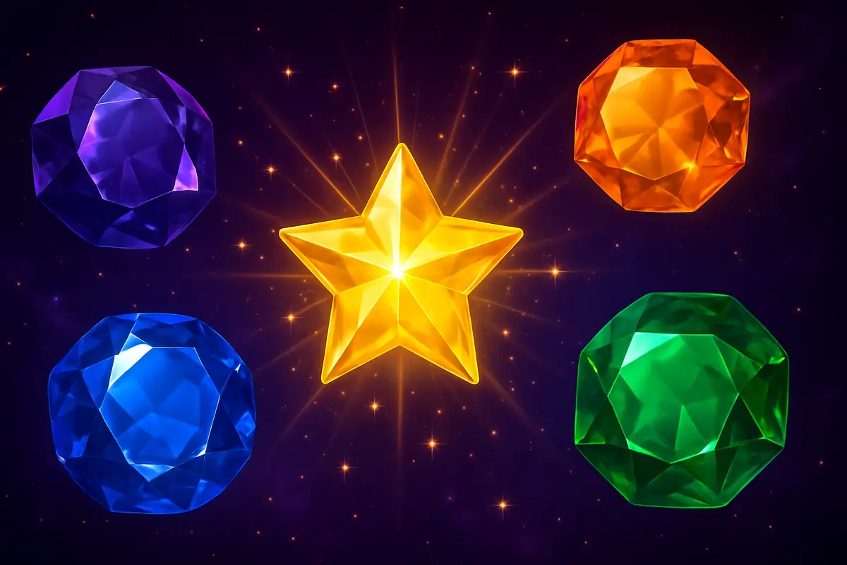 Fonkelende edelstenen en een gele ster in de stijl van de gokkast Starburst