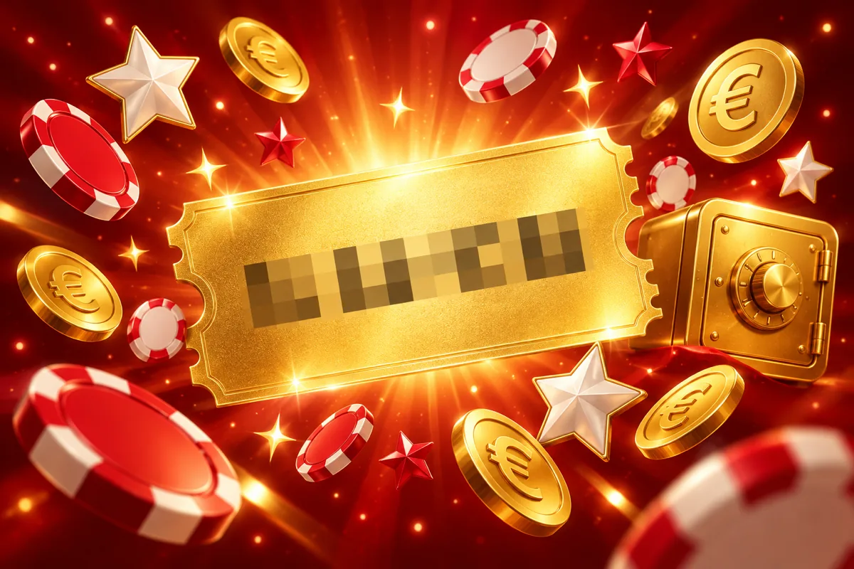 Gouden couponticket met geblurde code tussen rode en witte sterren, casinofiches, een gouden kluisje en euromunten op een dieprode achtergrond