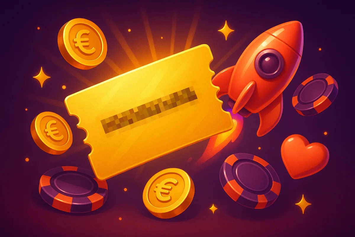 Gouden couponticket met een geblurde bonuscode naast een glanzende koraalrode raket, met euromunten en paarse fiches op een donkerpaarse achtergrond