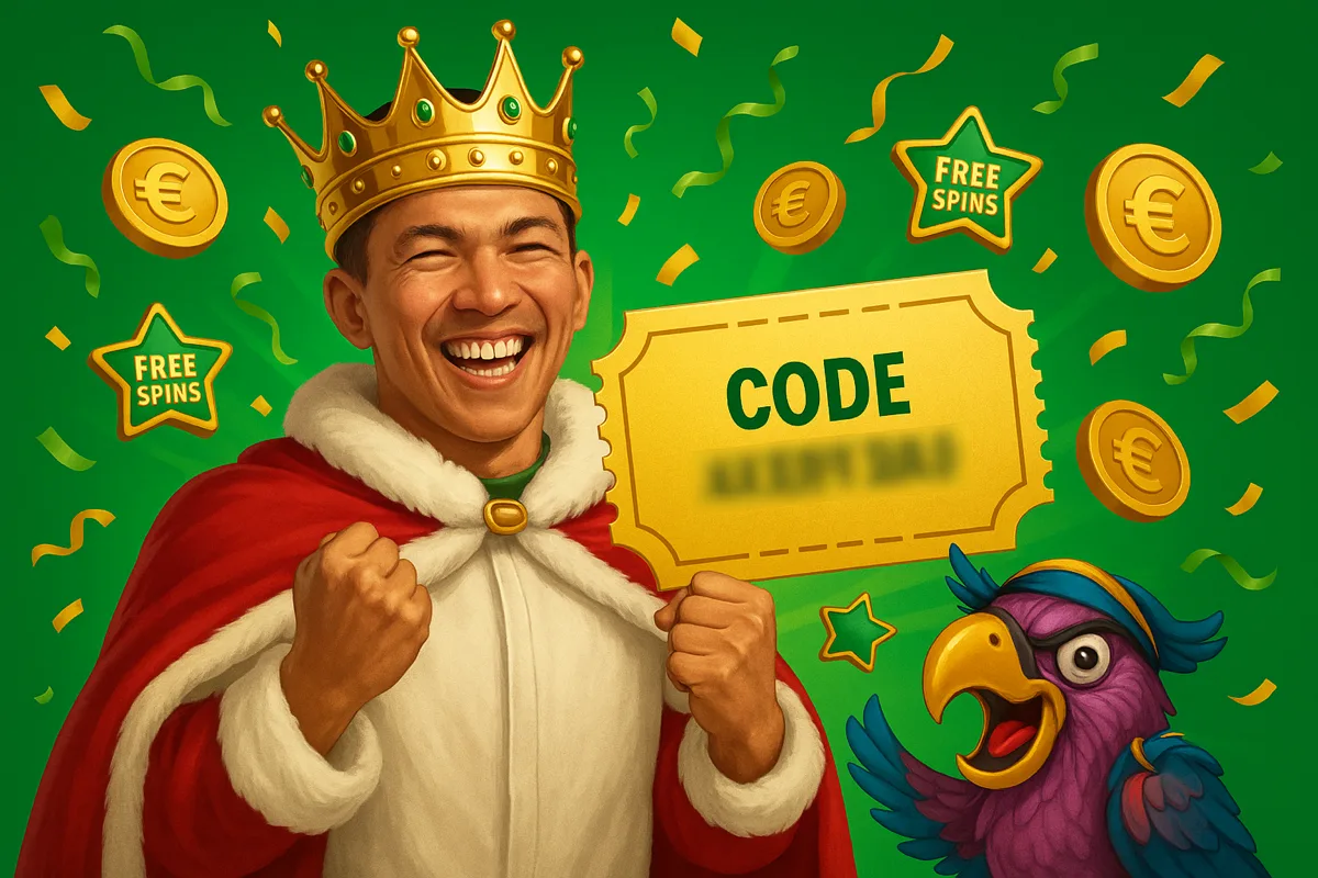 Juichende koning met kroon en rode cape naast een gouden couponticket met een geblurde bonuscode, in TOTO-groen met munten en free spins