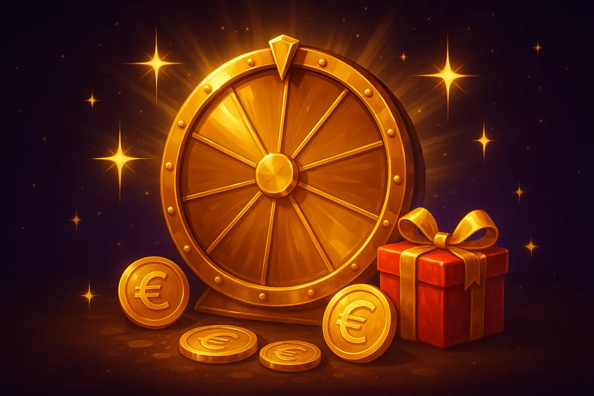 Gouden prijzenrad met euromunten en een rood cadeau, op een donkerpaarse achtergrond