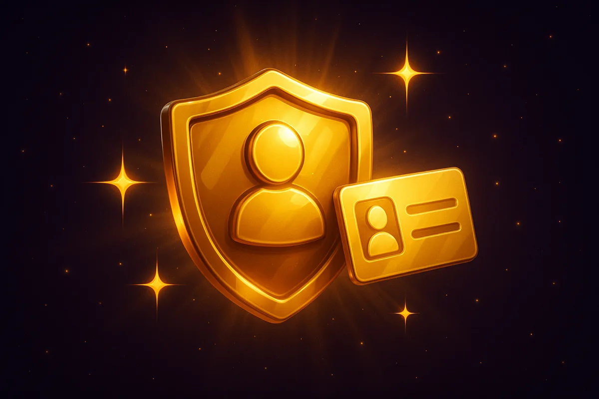 Gouden schild met een spelerssilhouet naast een identiteitskaart, op een donkerpaarse achtergrond