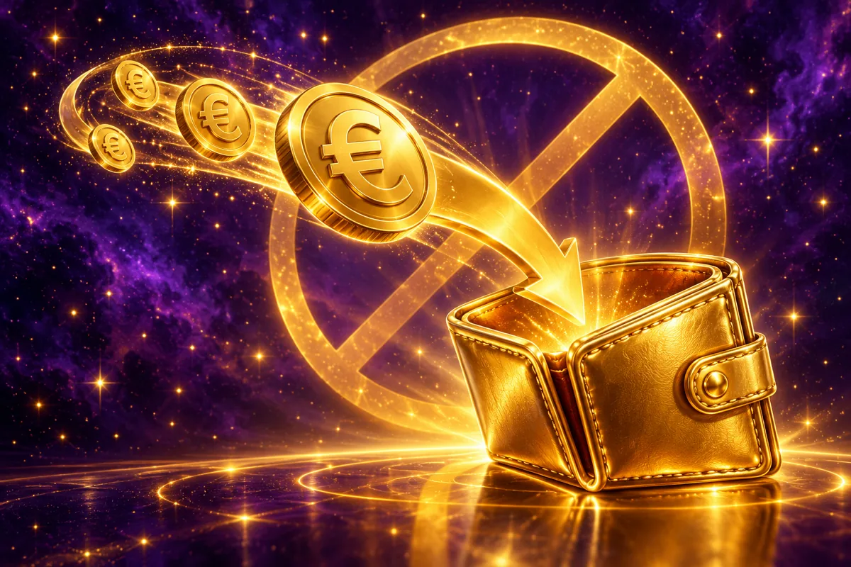 Gouden euromunt die langs een gebogen pijl terugvliegt in een gouden portemonnee, met een verbodsteken op de achtergrond, op een donkerpaarse achtergrond
