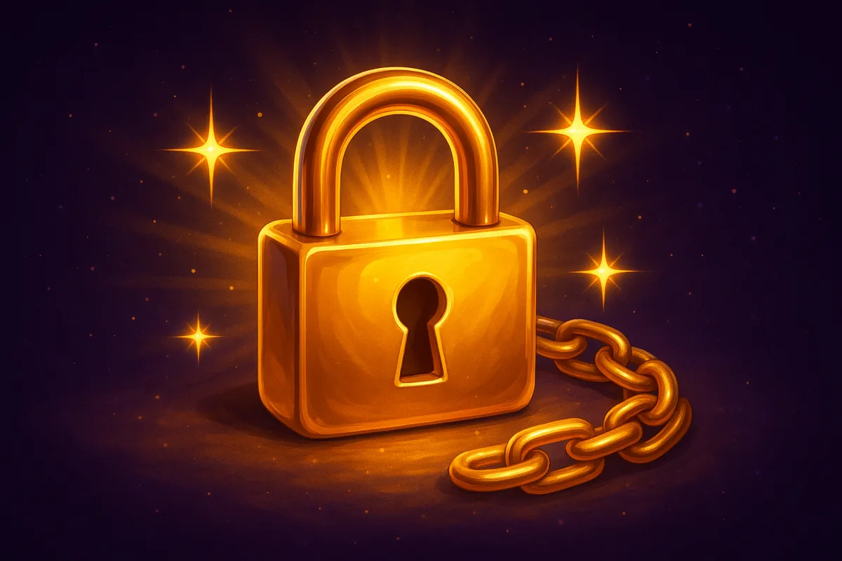 Gouden hangslot met ketting, op een donkerpaarse achtergrond