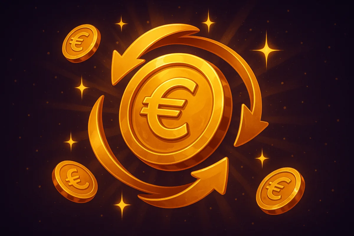Gouden euromunt met pijlen die er rondjes omheen draaien, op een donkerpaarse achtergrond
