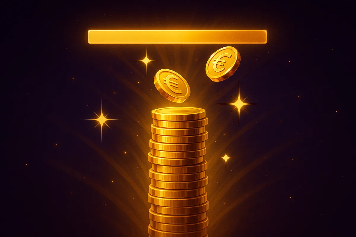 Stapel gouden euromunten stuit op een gouden balk erboven, op een donkerpaarse achtergrond
