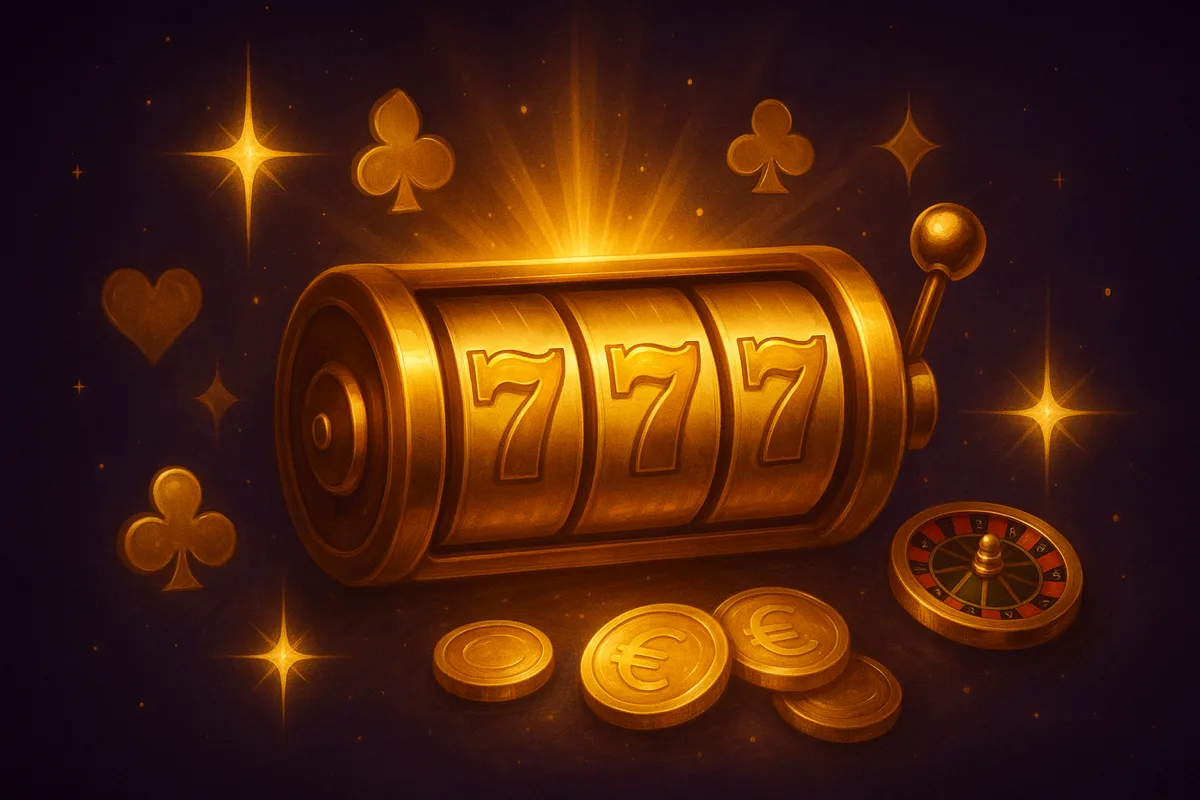 Gouden gokkast met kaartsymbolen en een klein roulettewiel, op een donkerpaarse achtergrond