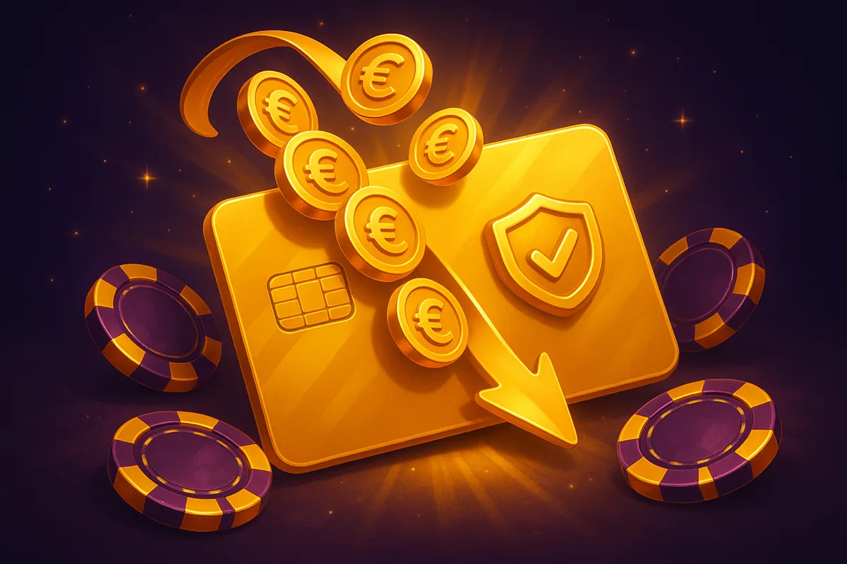 Gouden bankpas met een vinkje, waar euromunten langs een gouden pijl in stromen, op een donkerpaarse achtergrond