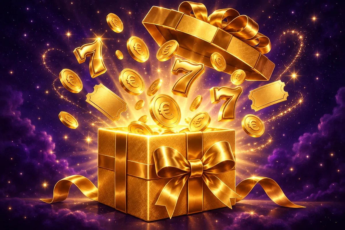 Gouden cadeaudoos met open deksel waar euromunten, zevens en gouden tickets uit komen, op een donkerpaarse achtergrond