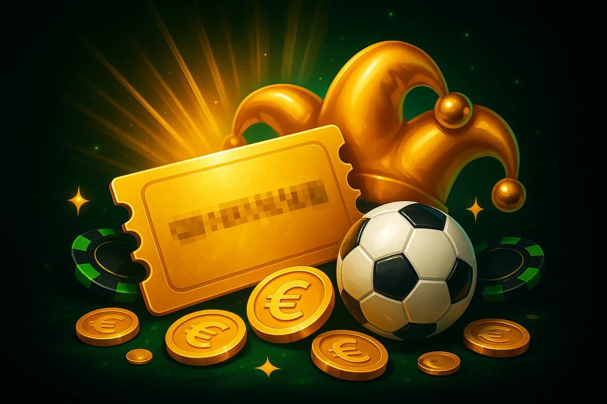 Gouden couponticket met een geblurde bonuscode naast een gouden narrenmuts met belletjes en een voetbal, met euromunten en zwarte fiches met groene rand op een zwart-groene achtergrond