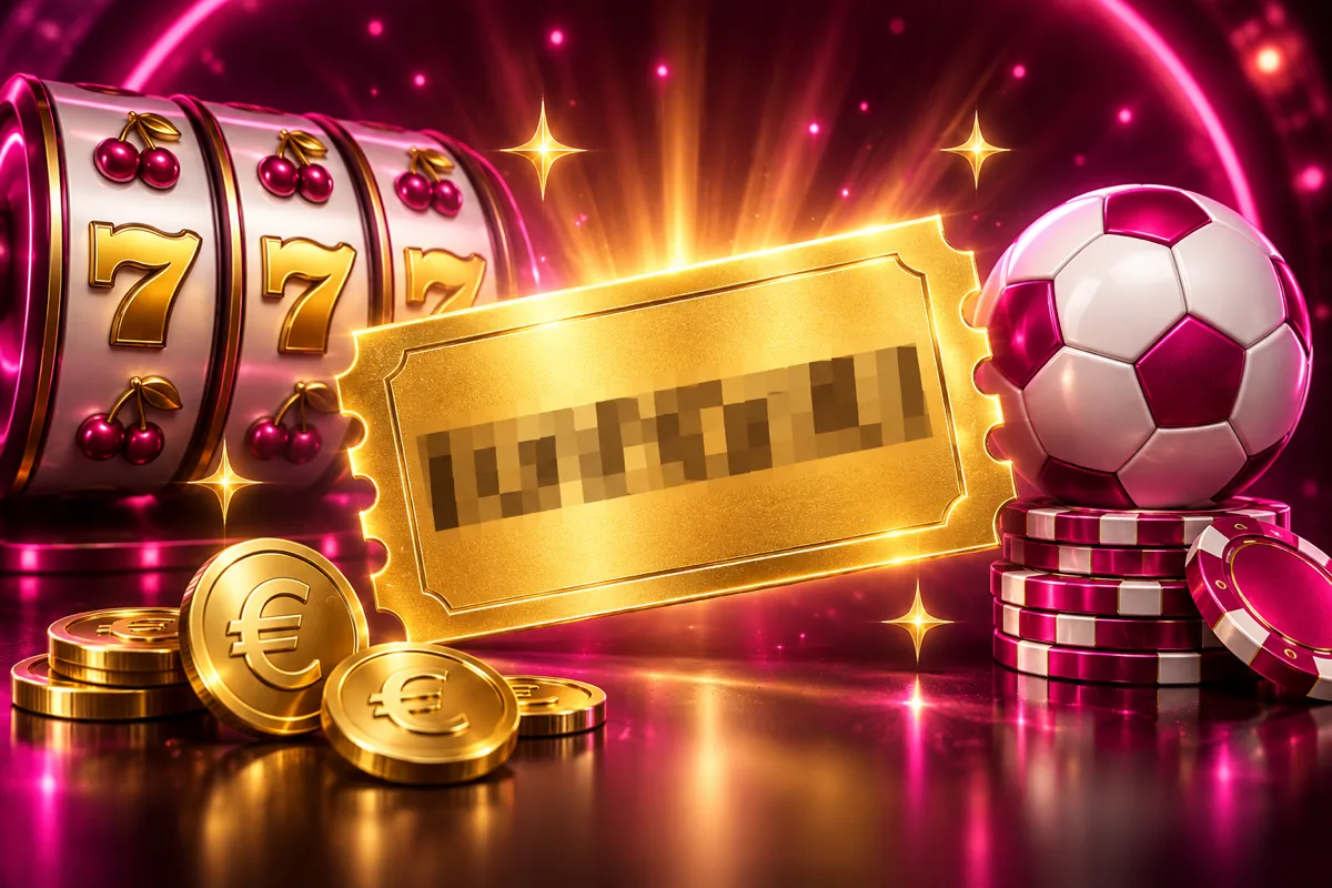 Gouden couponticket met geblurde code tussen slotreels met zevens en kersen en een roze-witte voetbal op casinofiches, in de magenta kleuren van VBET