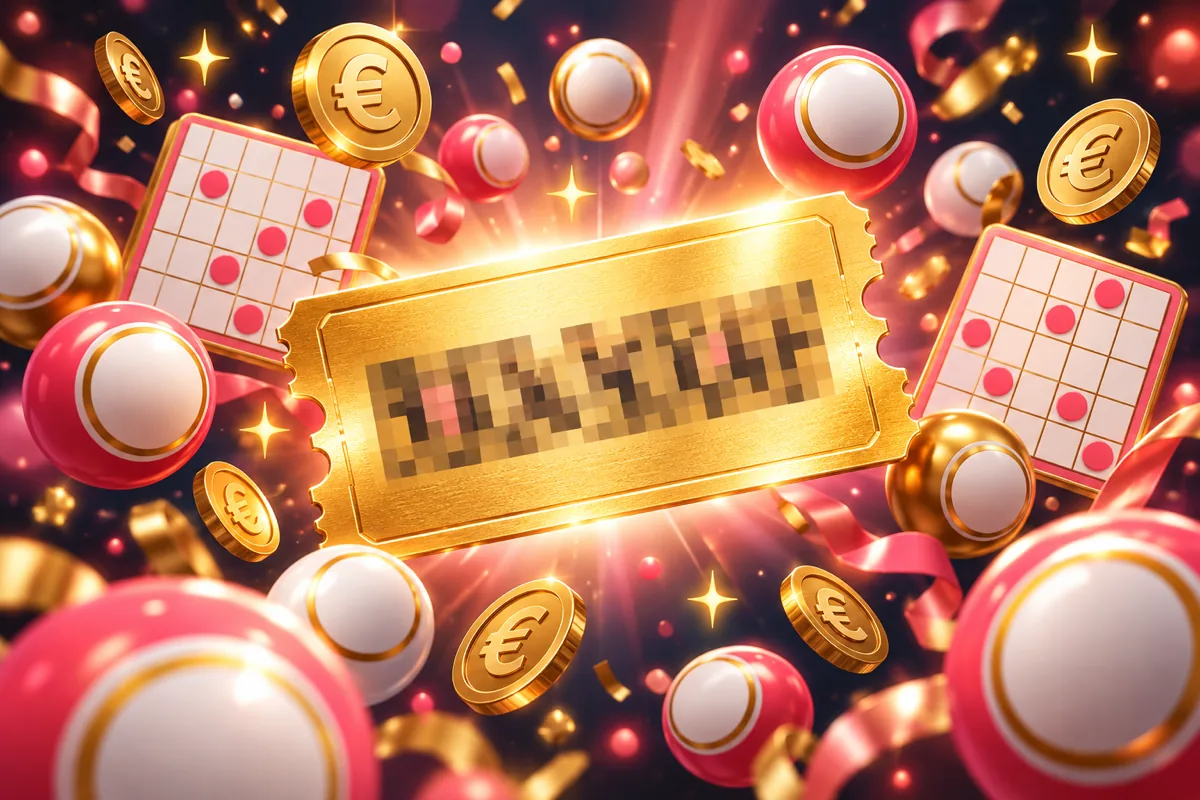 Gouden couponticket met geblurde code tussen koraalroze en witte bingoballen, bingokaarten met roze stippen en euromunten op een donkere achtergrond