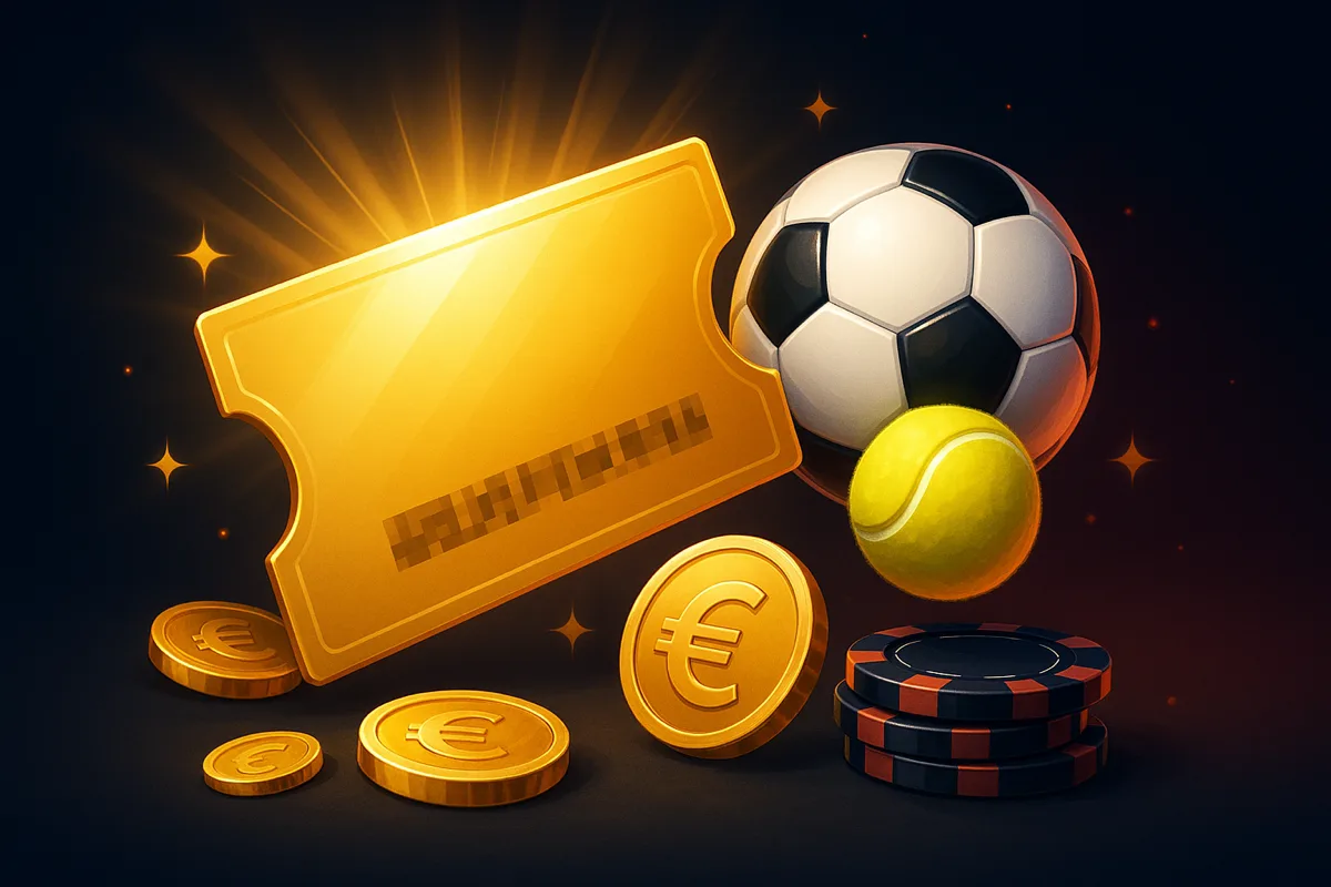 Gouden couponticket met een geblurde bonuscode naast een voetbal en een tennisbal, met euromunten en donkerblauwe fiches met rode rand op een donkerblauwe achtergrond